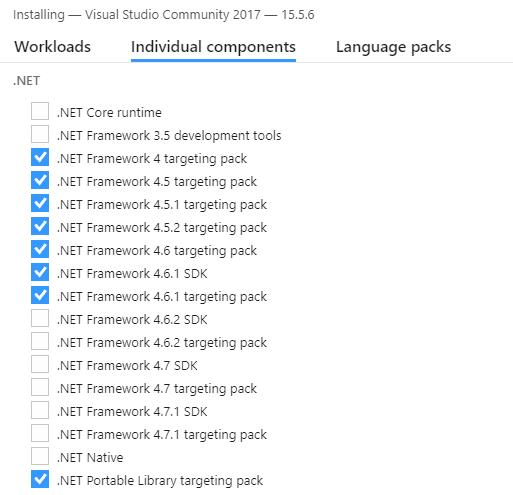 choosing visual studio individual components